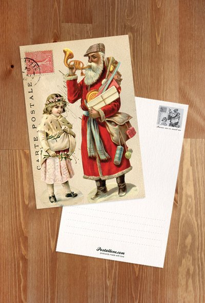 Collage with Santa Claus with a trumpet