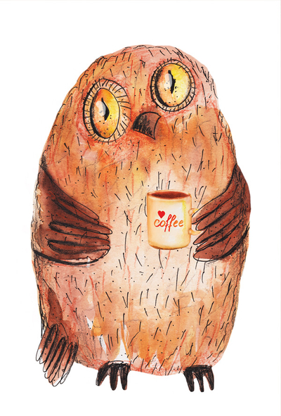 Owl with a cup of coffee