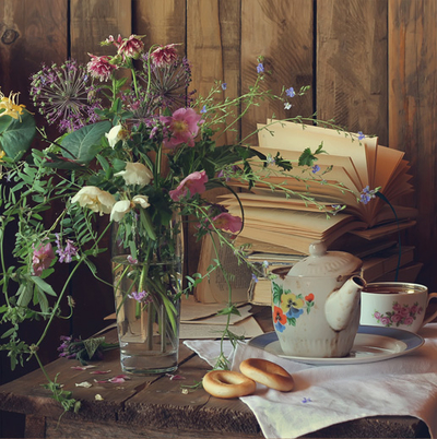 Still life with books & teapot