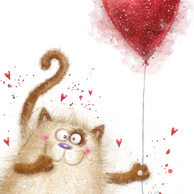 Fluffy cat with a heart-shaped balloon